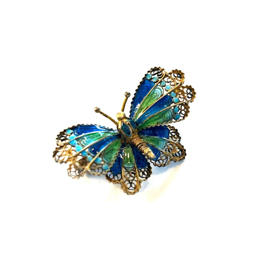 800 Silver Gilt Antique or Vintage Filigree Enamel Butterfly Brooch Blue Green